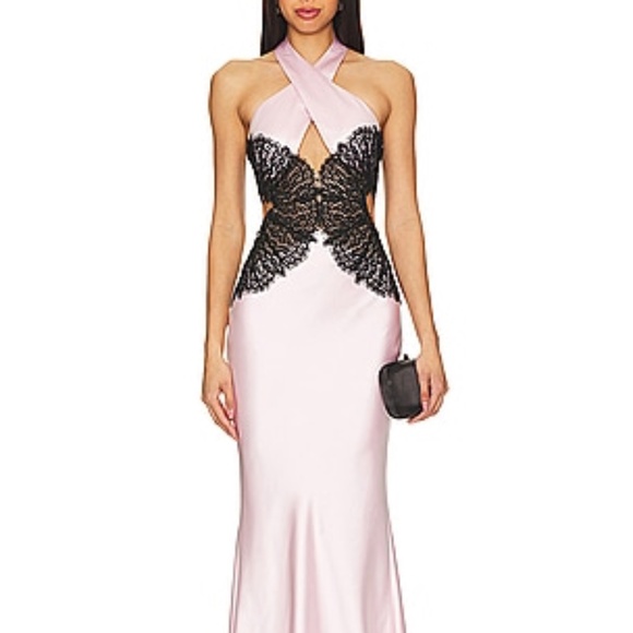 RASARIO Halter Gown in Light Pink & Black maxi - Picture 2 of 16